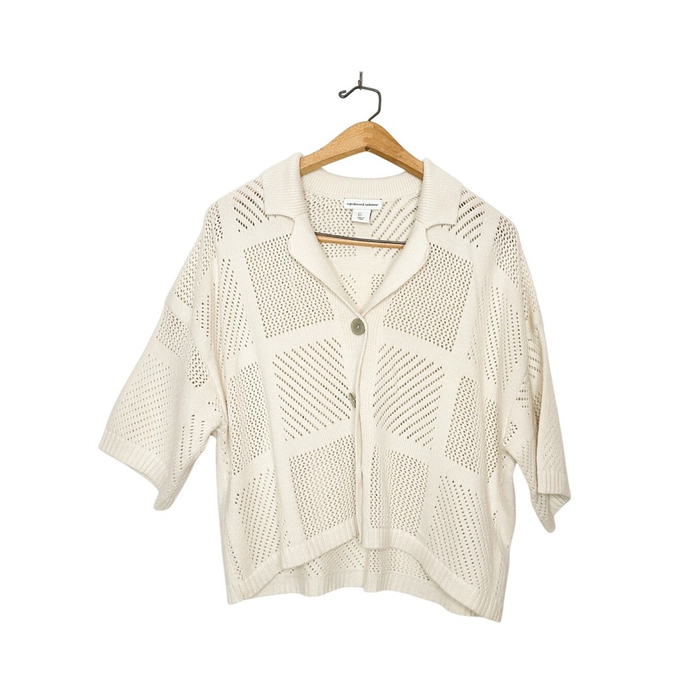 Cupcakes & Cashmere Womens Short Sleeve Open Knit Button Front Knit Sweater Top